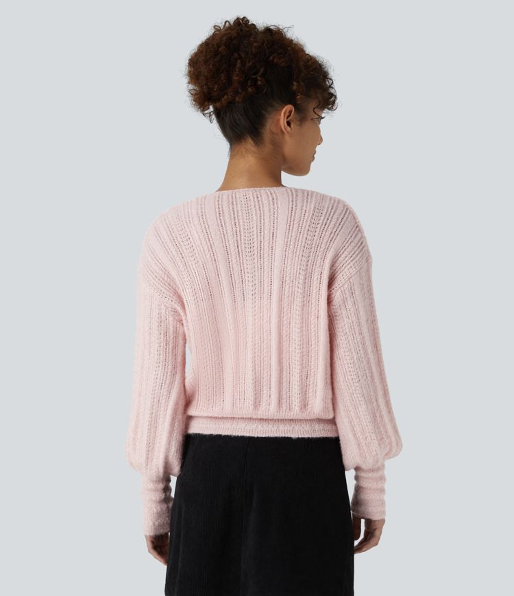 Sheer V Neck Long Sleeve Work Sweater-Front and Back Wearable