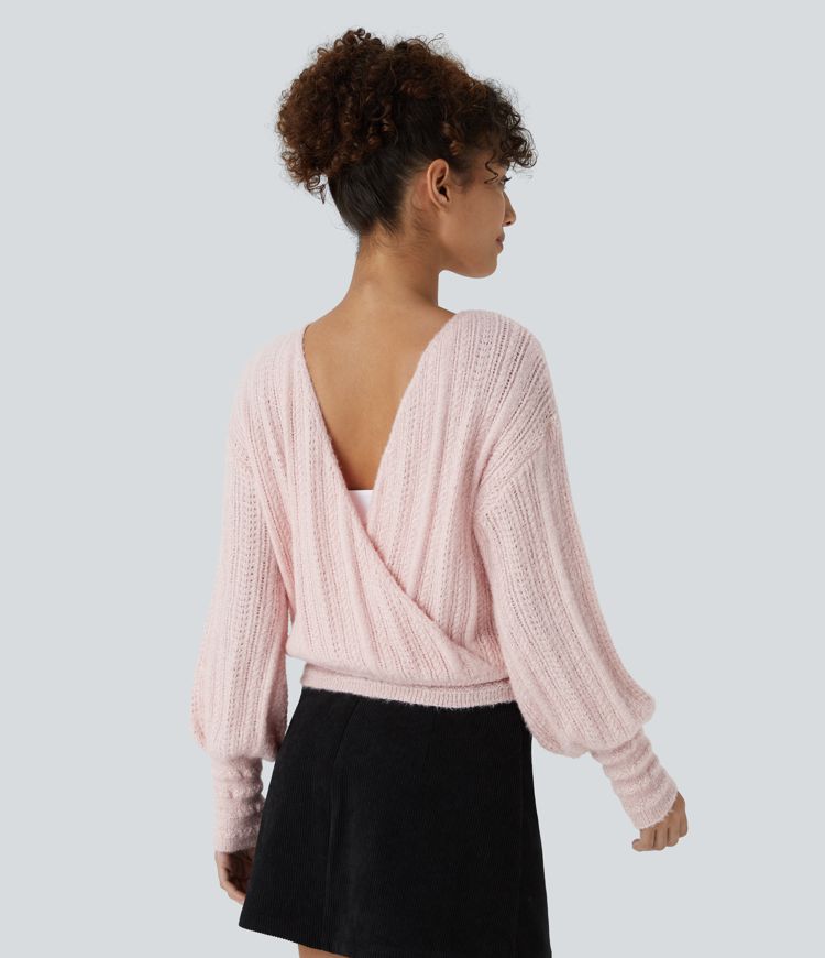 Sheer V Neck Long Sleeve Work Sweater-Front and Back Wearable