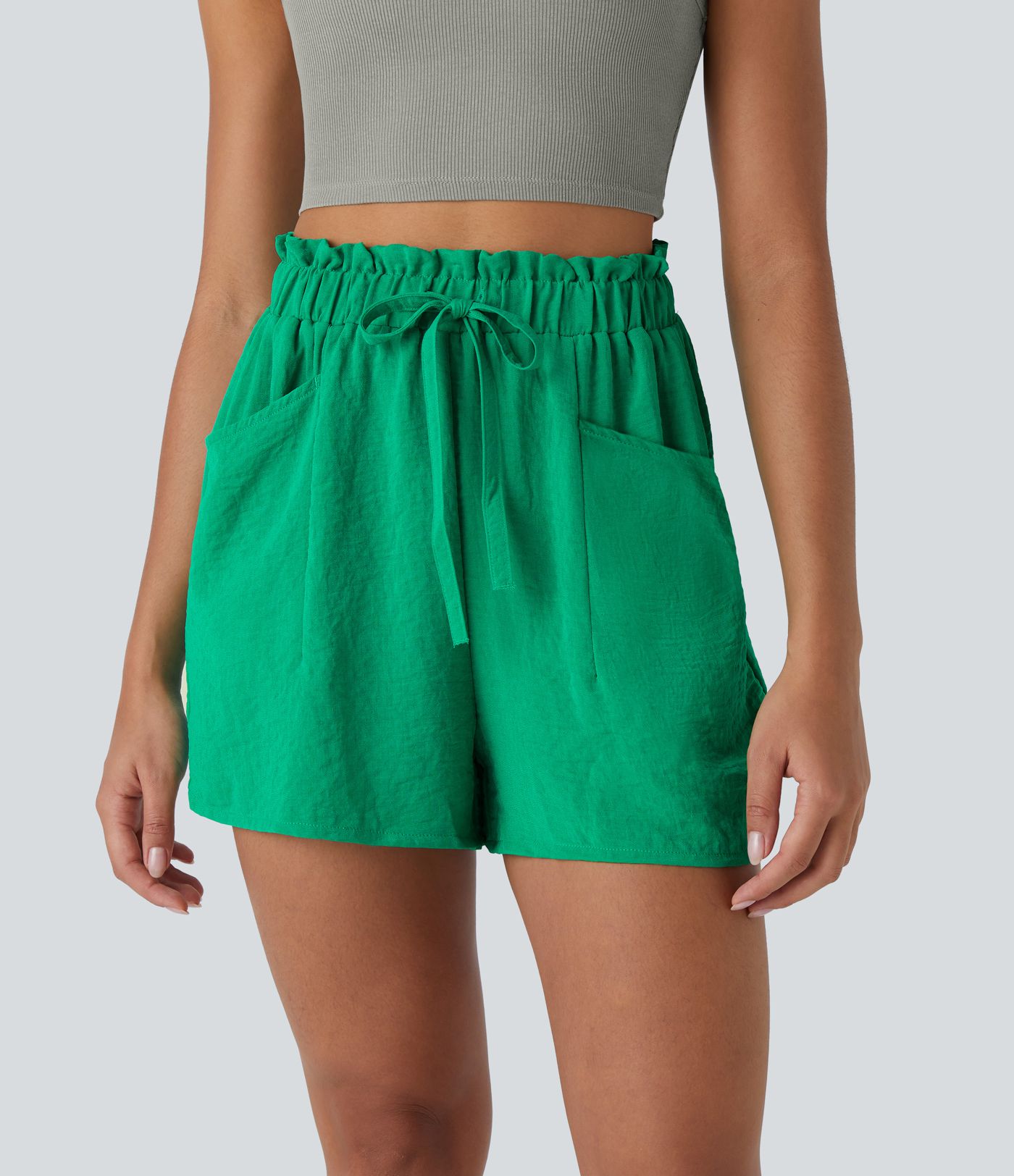 Short Casual en Lin-Feel Taille Haute avec Cordon de Serrage Poches Latérales Style Sac en Papier