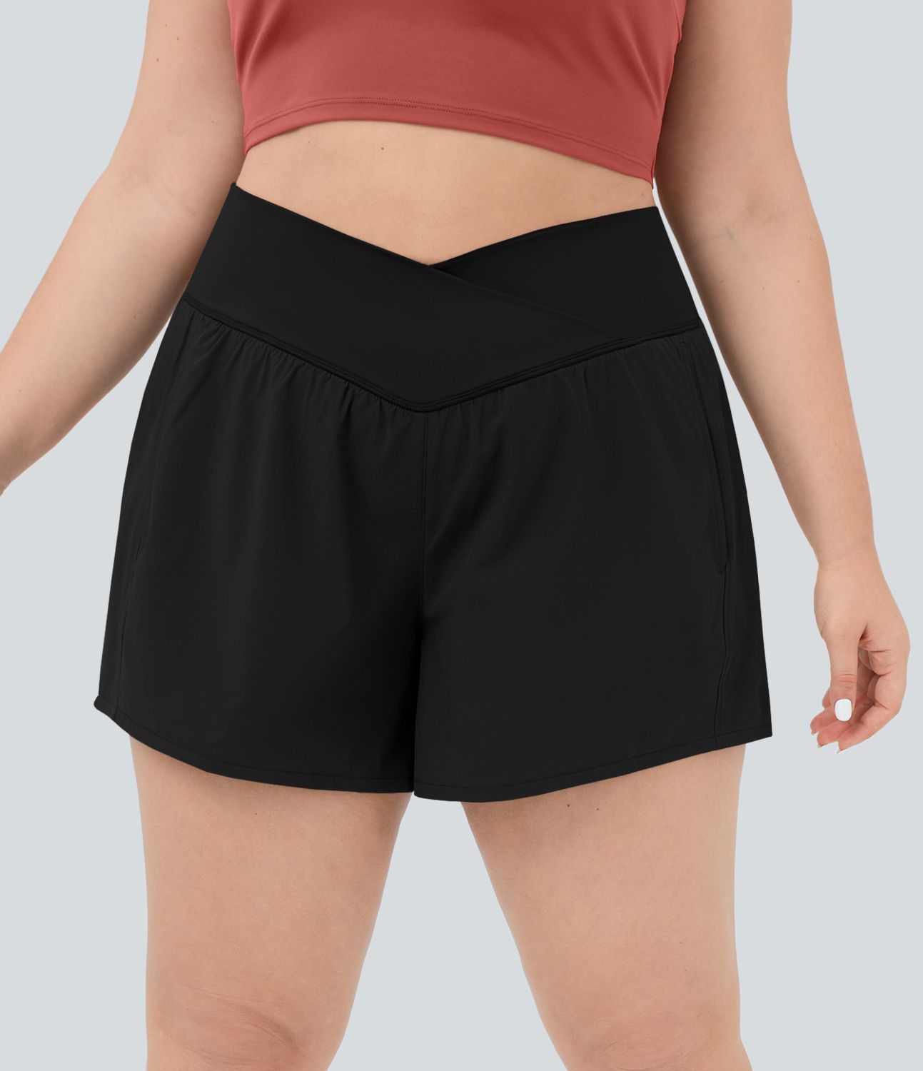 Breezeful™ High Waisted Crossover Pocket Plus Size 2-in-1 Quick Dry Yoga Shorts 4.5"