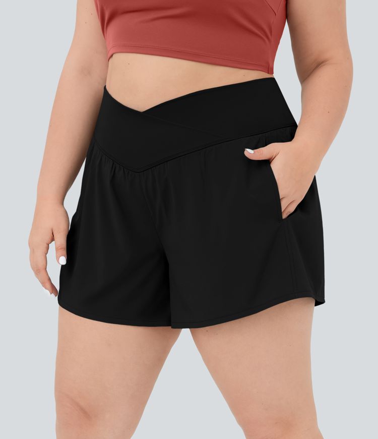 Breezeful™ High Waisted Crossover Pocket Plus Size 2-in-1 Quick Dry Yoga Shorts 4.5"