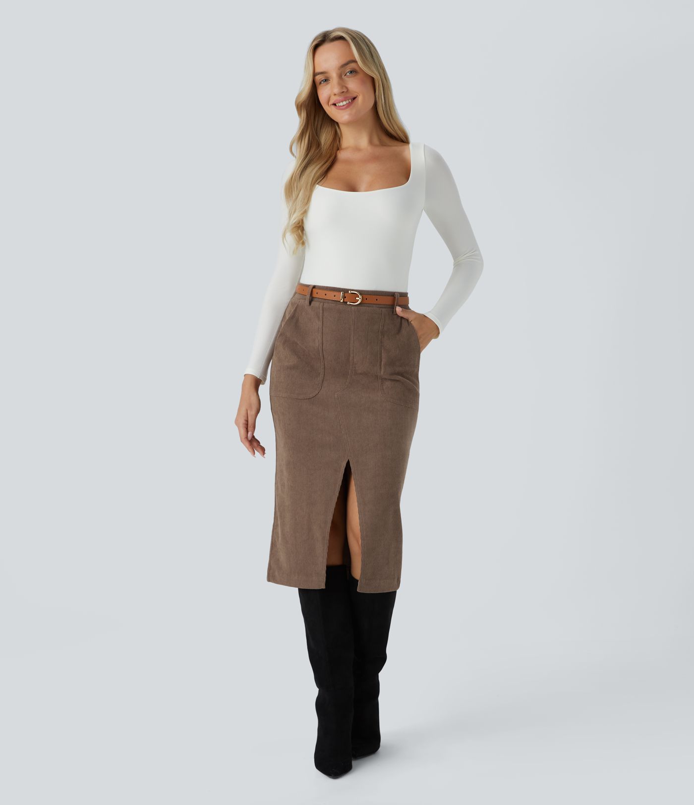 Falda midi pana abertura bolsillo lateral tiro medio