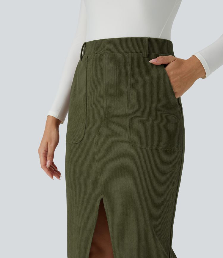 Mid Rise Pocket Midi Corduroy Casual Skirt