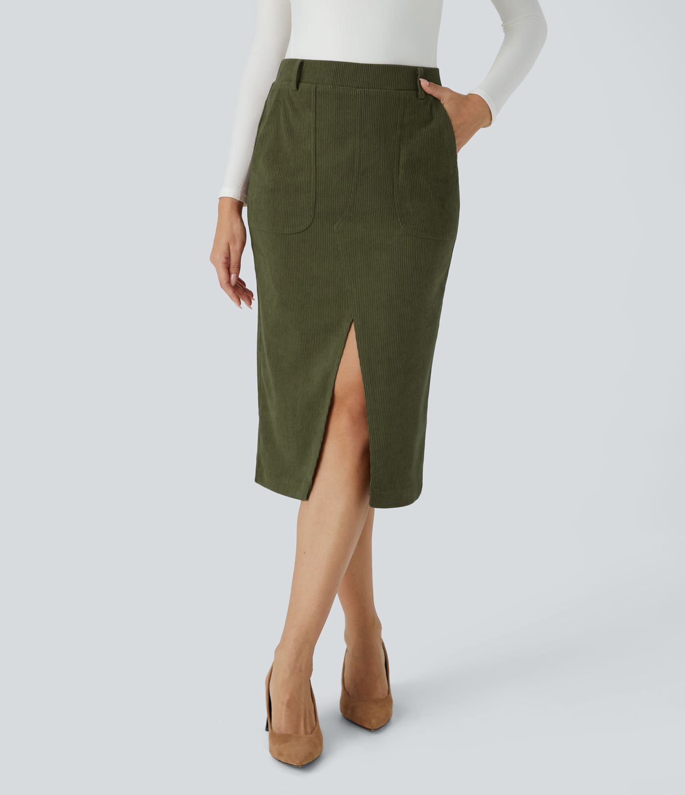 Mid Rise Pocket Midi Corduroy Casual Skirt