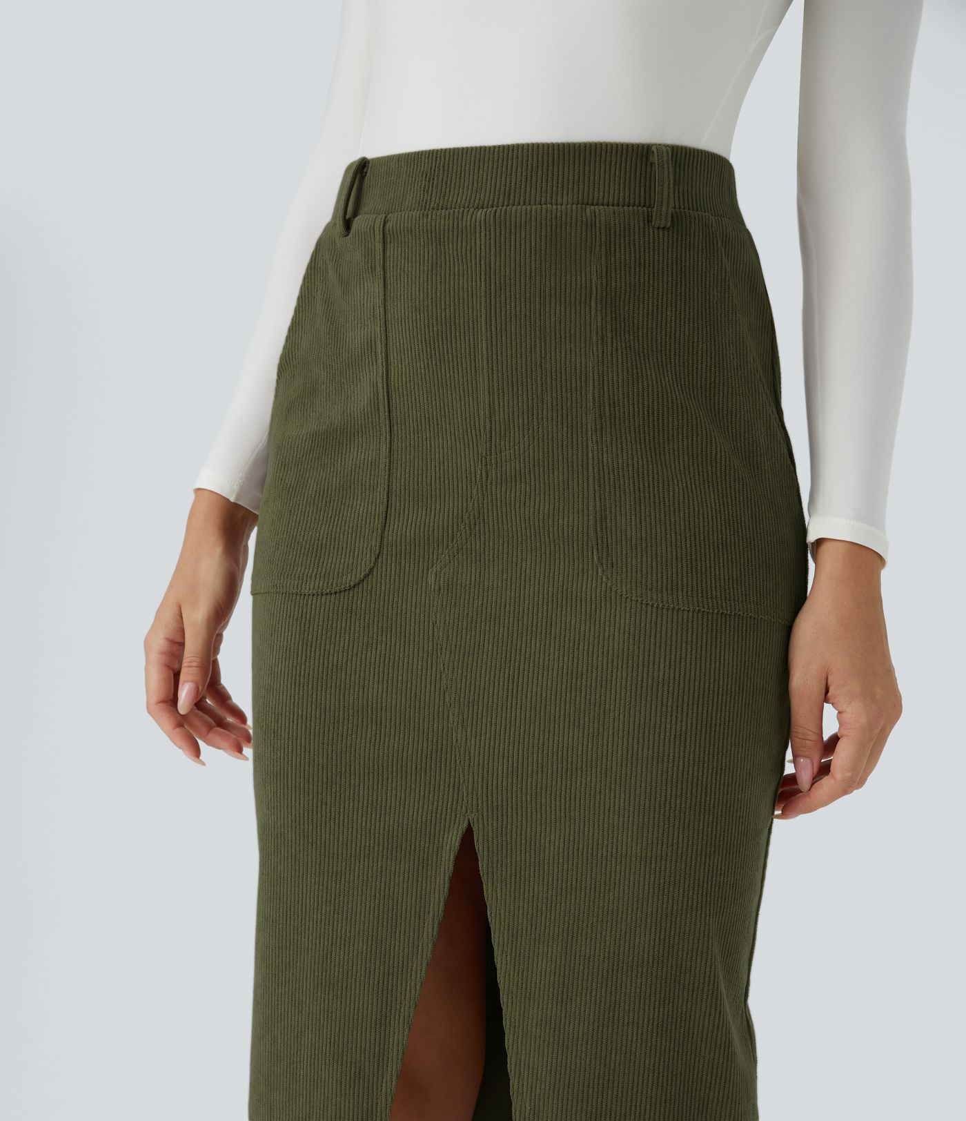 Mid Rise Pocket Midi Corduroy Casual Skirt