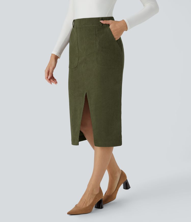 Mid Rise Pocket Midi Corduroy Casual Skirt