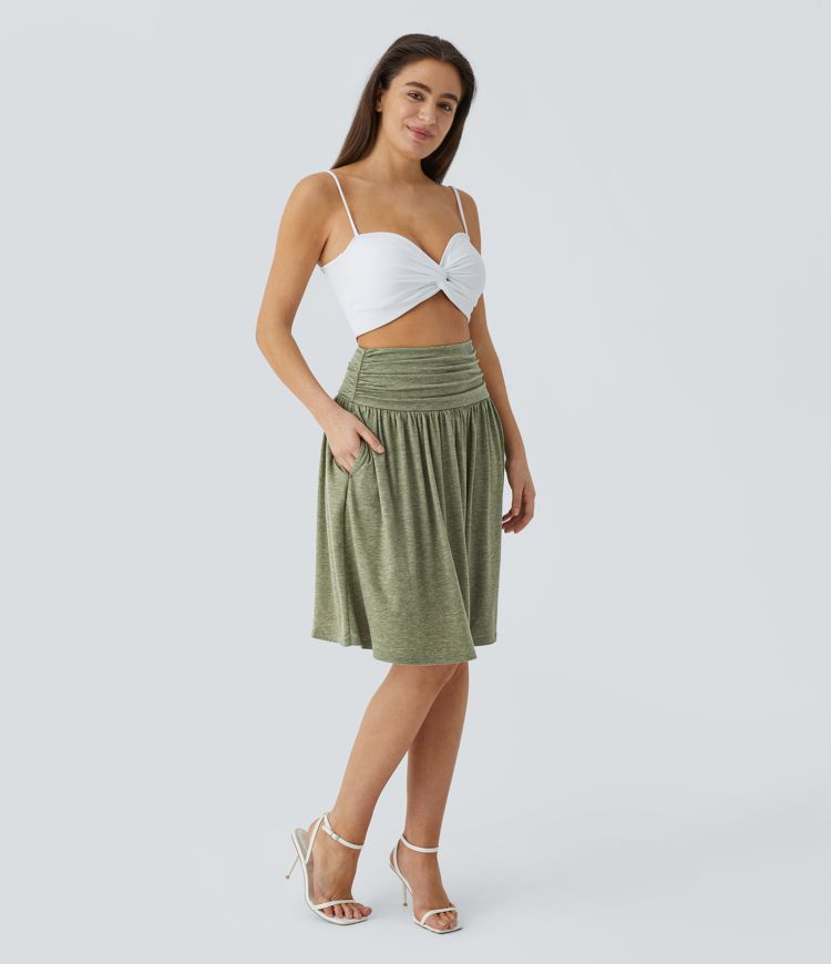 High Waisted Ruched Pocket Flowy Skirt