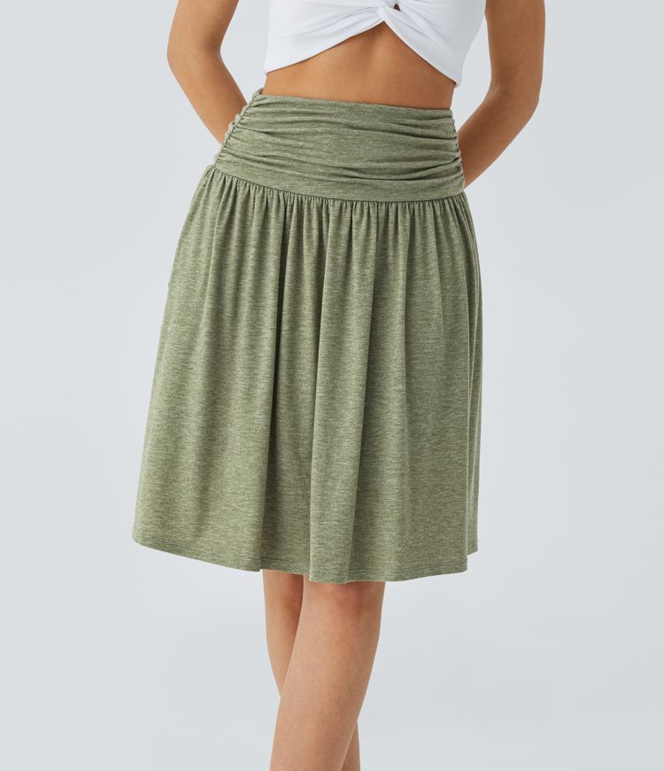 High Waisted Ruched Pocket Flowy Skirt