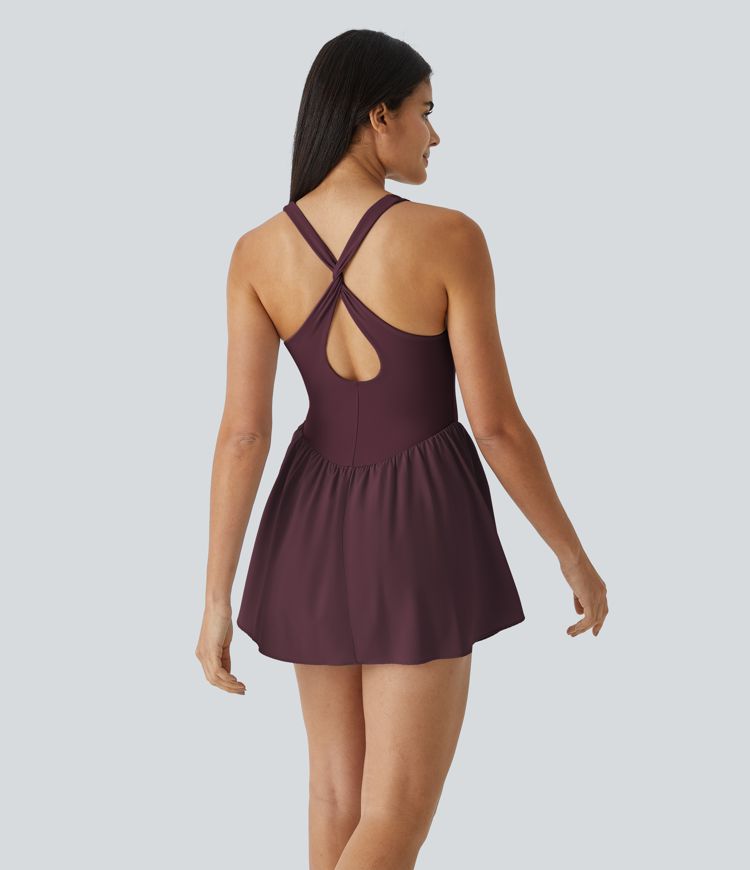 Breezeful™ Square Neck Backless Cut Out Crisscross Twisted Back 2-in-1 Side Pocket Corset Mini Quick Dry Flowy Casual Dress
