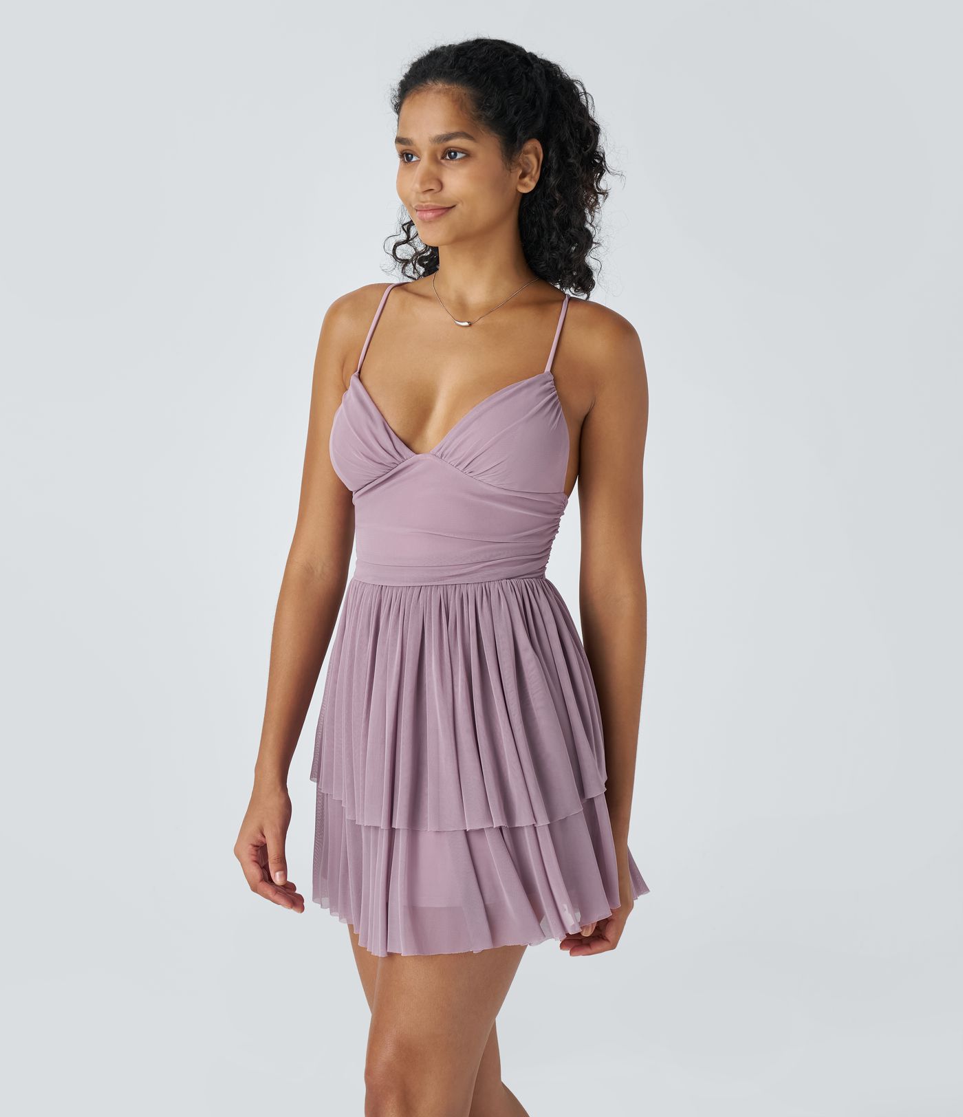 Lace Up Mesh Layered Mini Dress