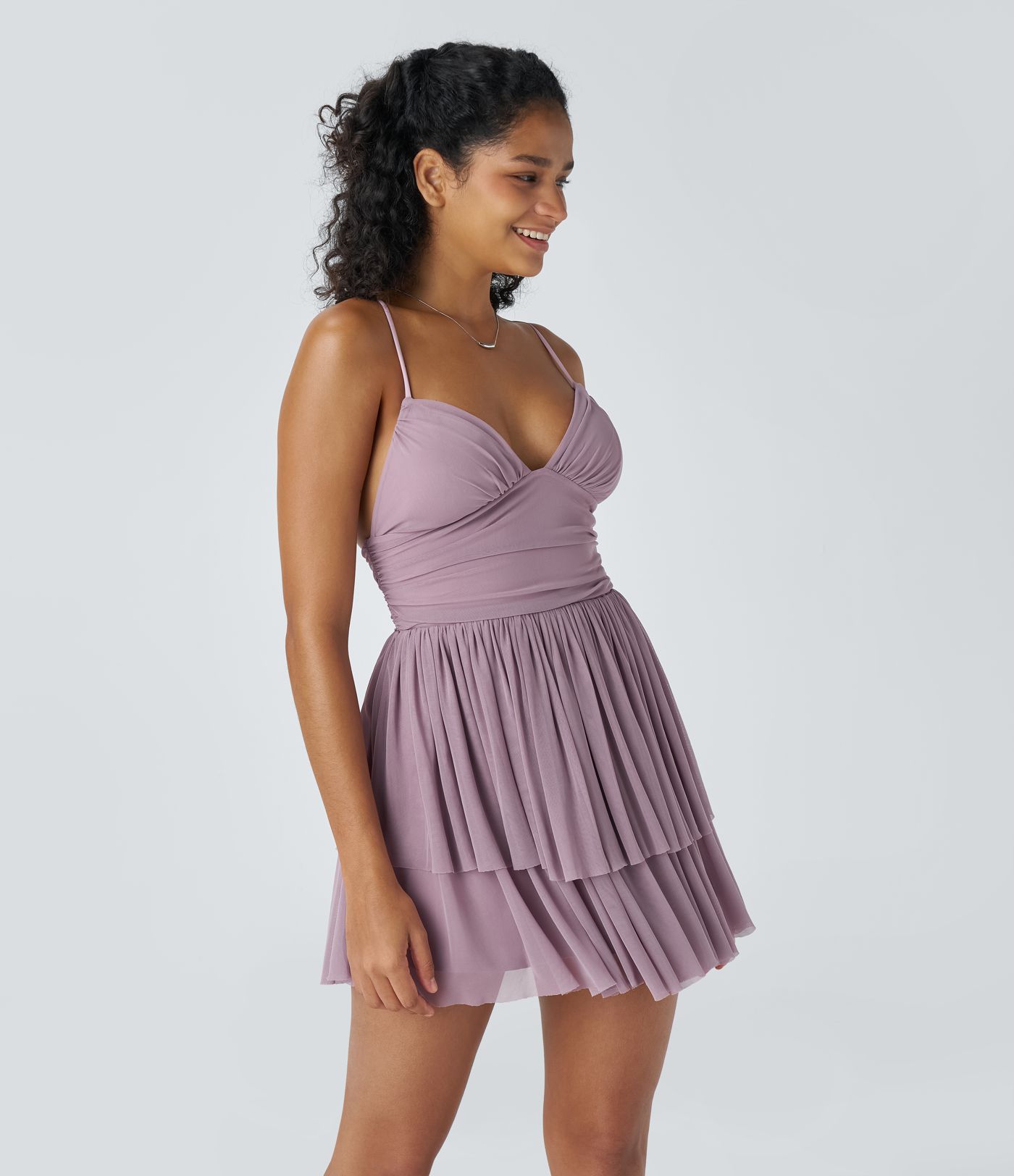 Lace Up Mesh Layered Mini Dress