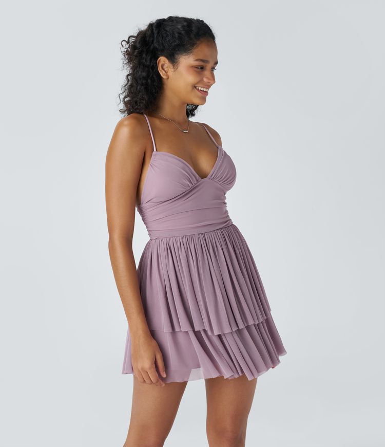 Backless Crisscross Lace Up Mesh Layered Mini Party Dress