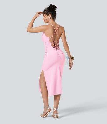 SoftlyZero™ Airy Crossover Ruched Lace Up Bodycon Cool Touch Dress-UPF50+