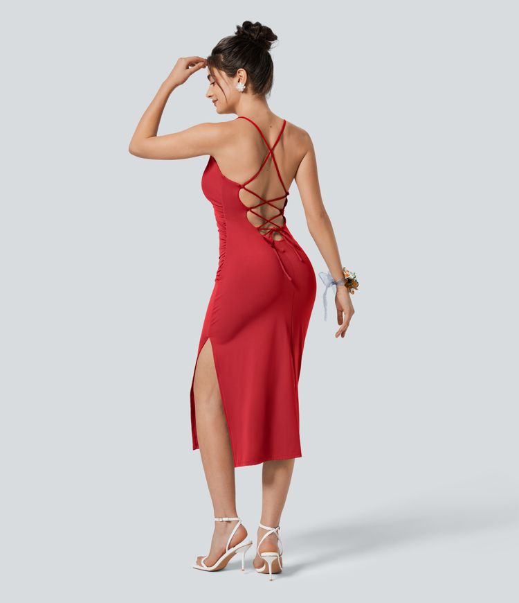 Softlyzero™ Airy Crossover Ruched Backless Lace Up Split Bodycon Cool Touch Bridesmaid And Wedding Guest Dress