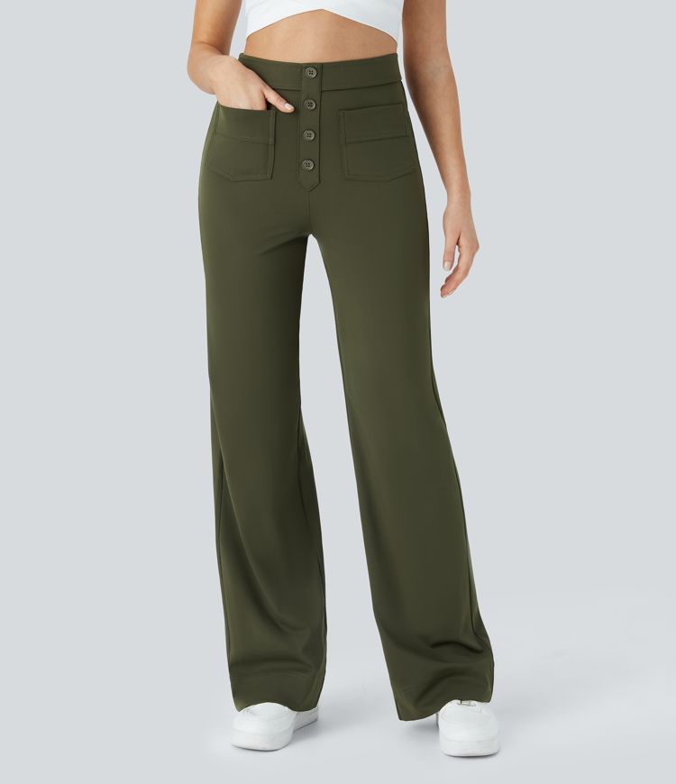 High Waisted Pockets Straight Leg Casual Trousers