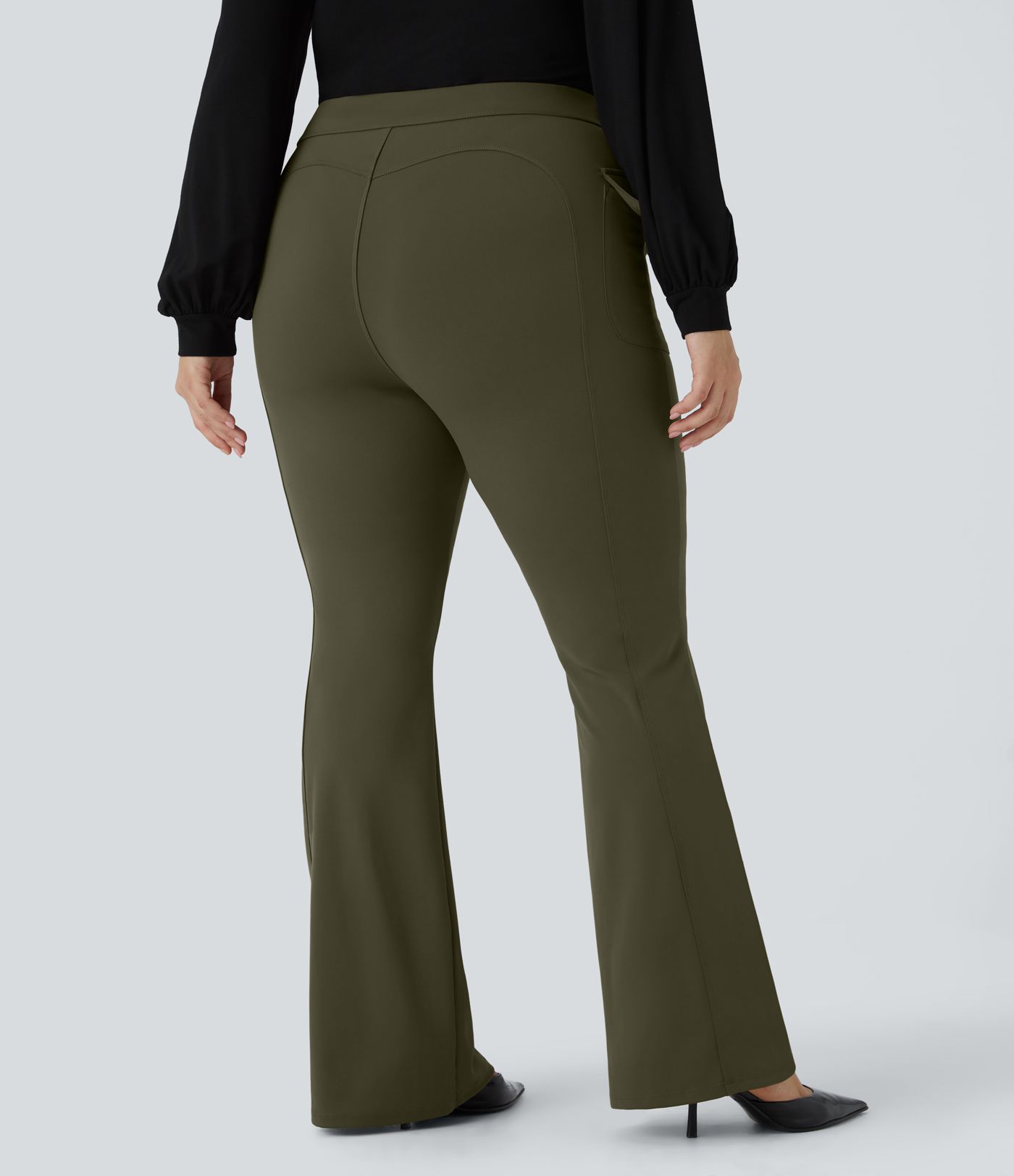 SculptKnit High Waisted Side Flap Pocket Flare Plus Size Casual Cargo Pants
