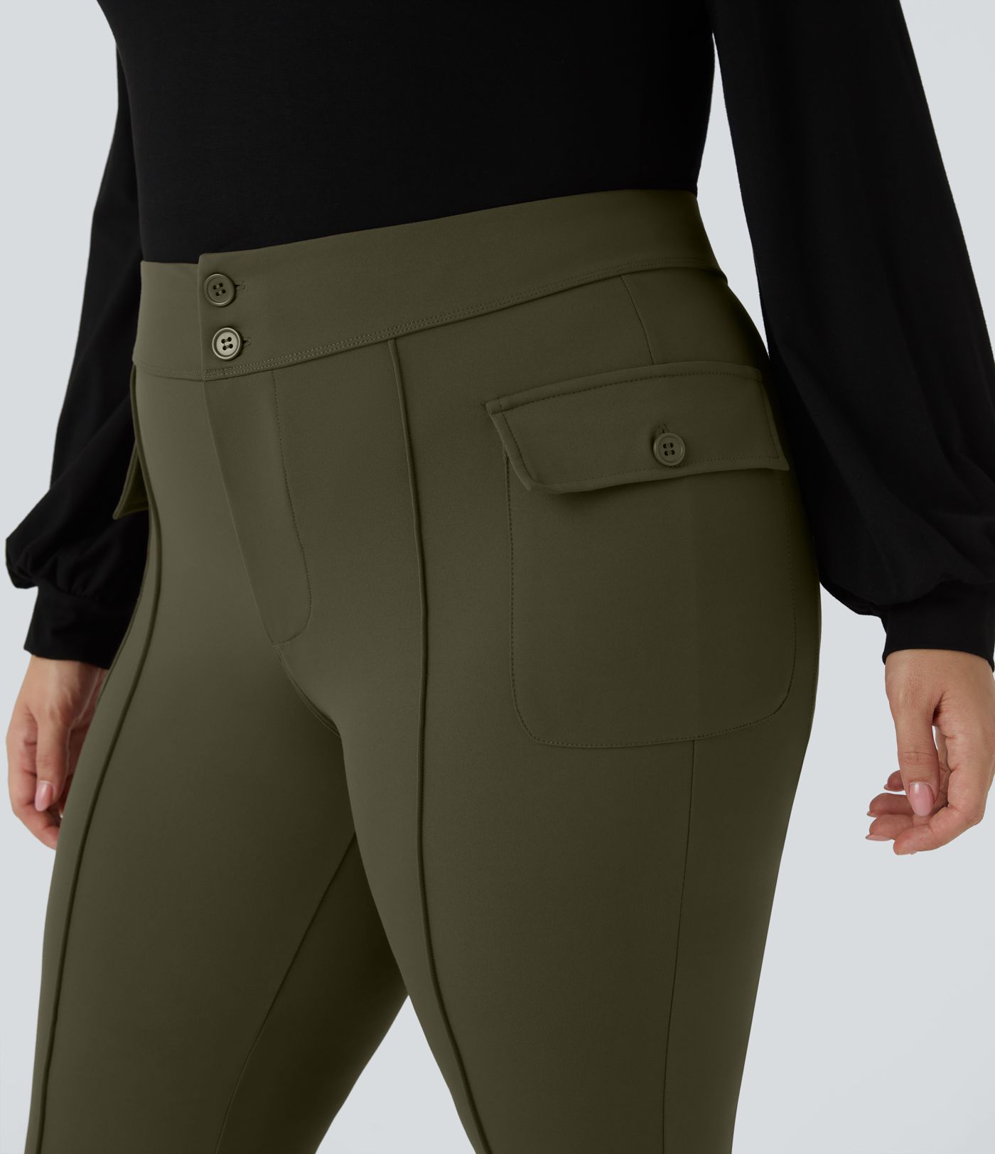 SculptKnit High Waisted Side Flap Pocket Flare Plus Size Casual Cargo Pants