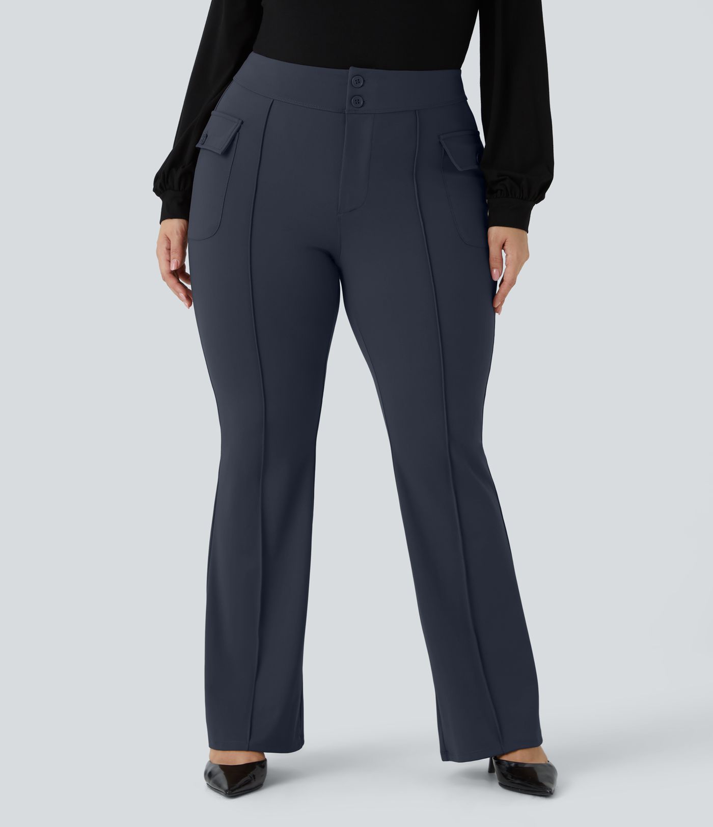 Pantalones cargo talla grande acampanado bolsillo solapa lateral botones tiro alto