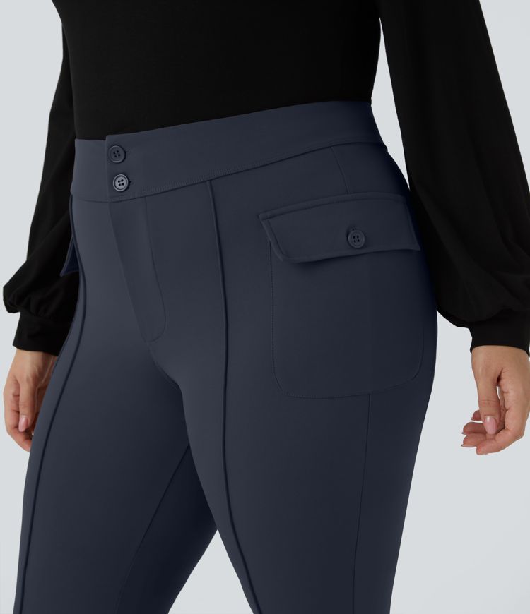 Pantalones cargo talla grande acampanado bolsillo solapa lateral botones tiro alto