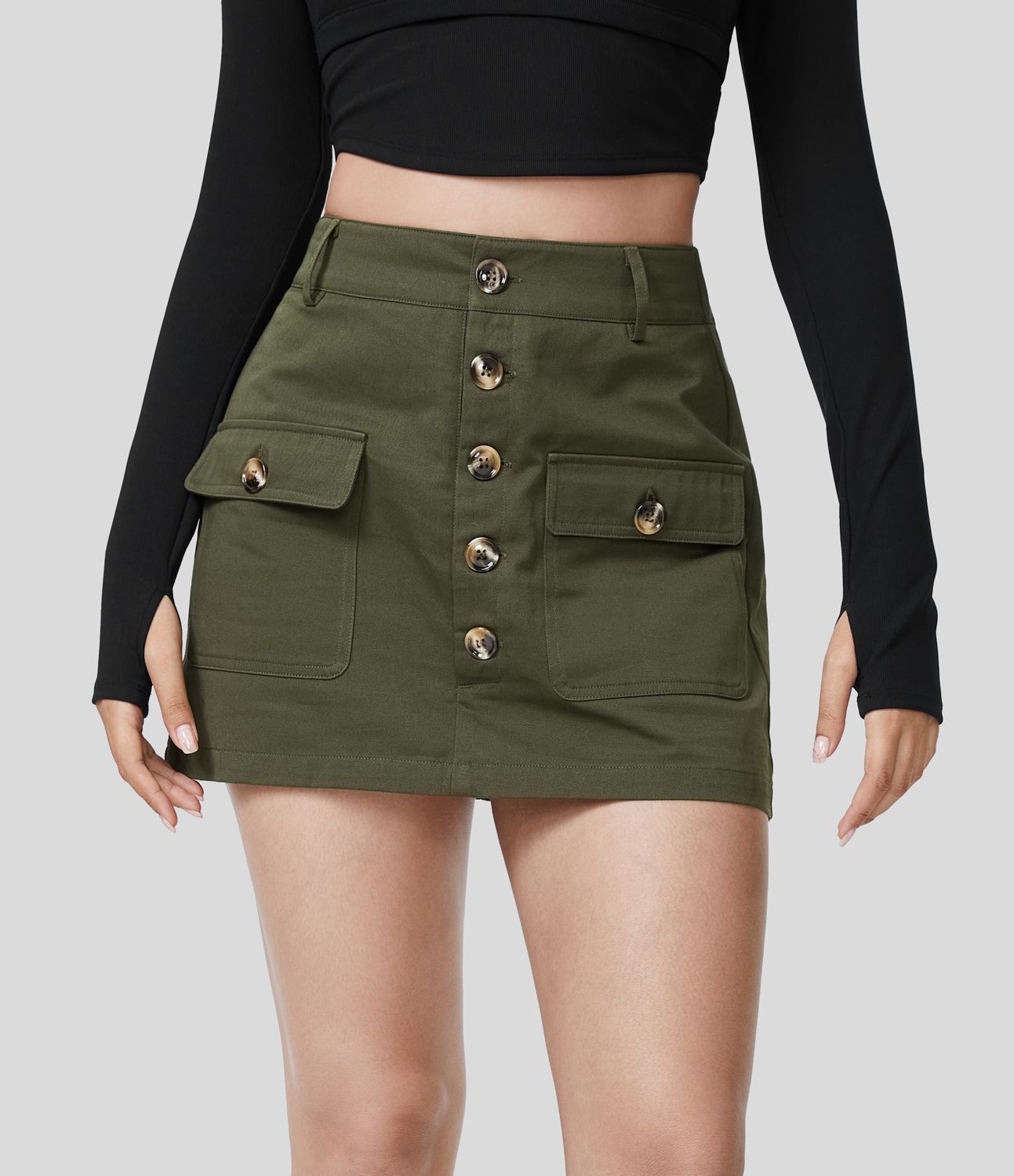 Casual, high-waisted cotton mini skirt in A-line with button placket and cargo pocket