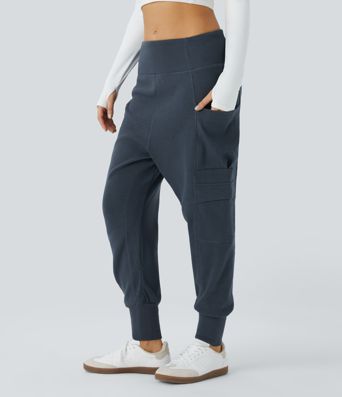 Mid Rise Foldover Side Pocket Waffle Harem Dance Cargo Joggers