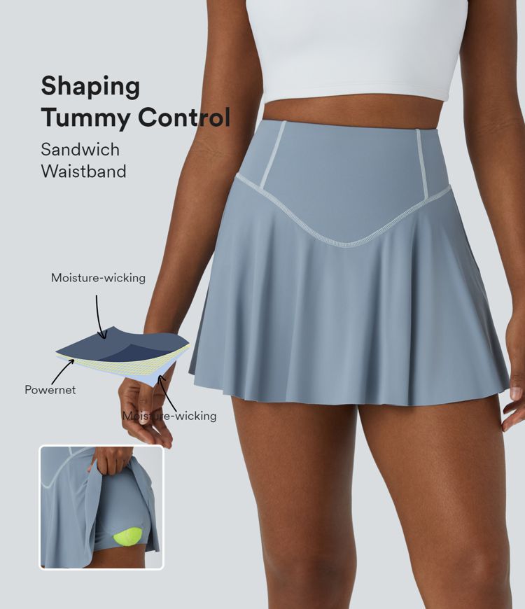Femmes Jupe Tennis Mini Evasee a Taille Haute avec Effet Remonte Fesses et Poches Laterales 2 en 1 Halara