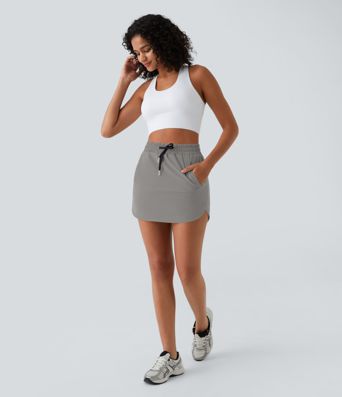 High Waisted Drawstring Pocket 2-in-1 Curved Hem Mini Golf Skirt