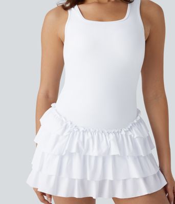 Breezeful™ Square Neck Layered Ruffle 2 Piece Pocket Micro Mini Quick Dry Dance Active Dress