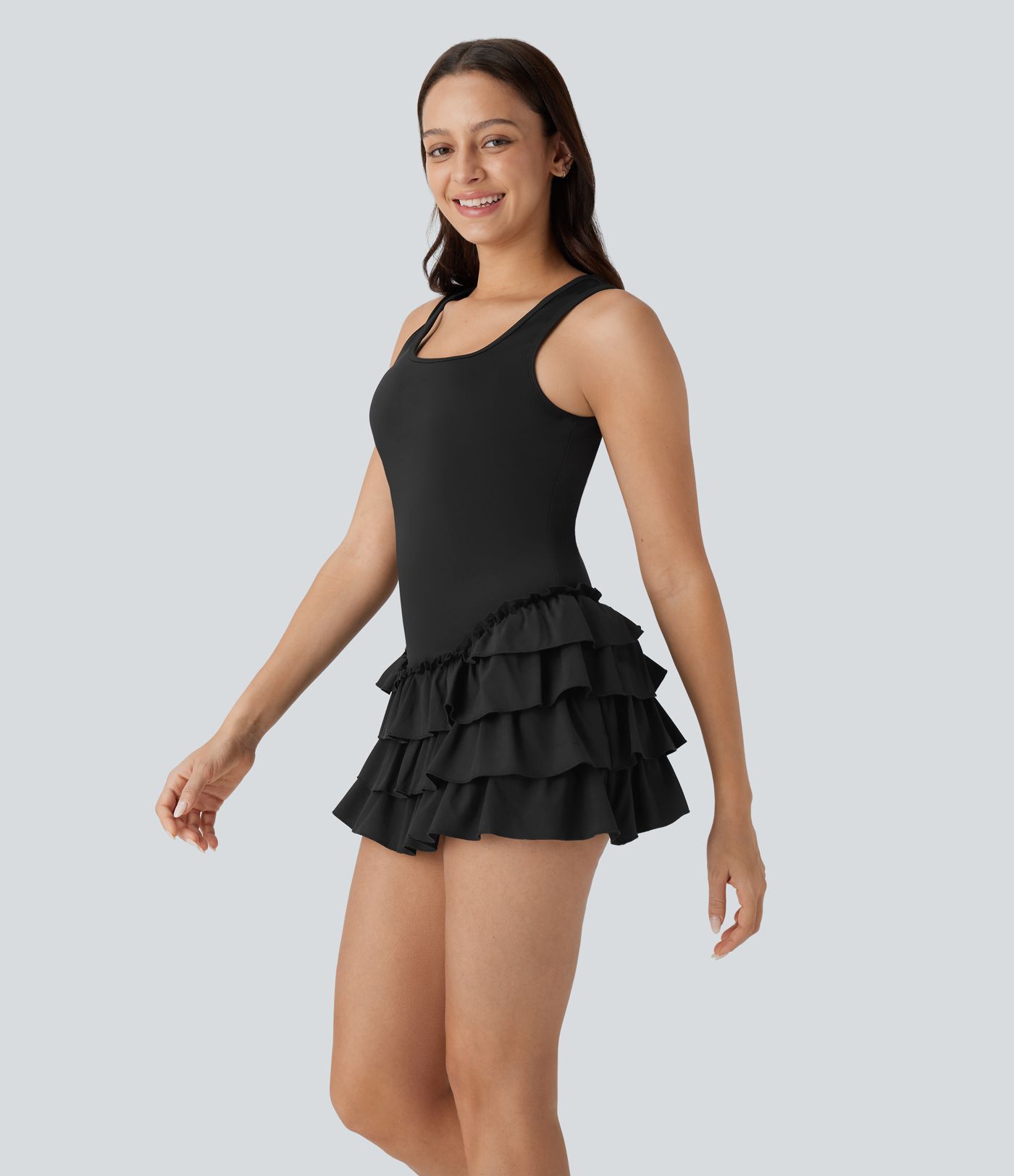 Breezeful™ Square Neck Layered Ruffle 2 Piece Pocket Micro Mini Quick Dry Dance Active Dress