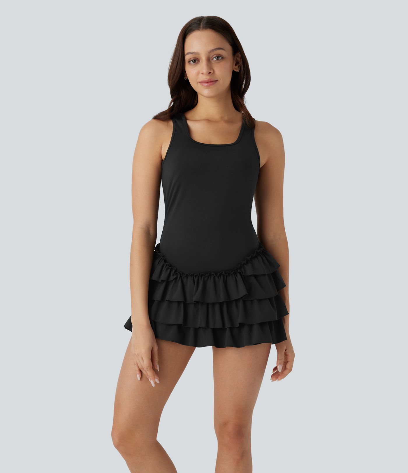 Breezeful™ Square Neck Layered Ruffle 2 Piece Pocket Micro Mini Quick Dry Dance Active Dress