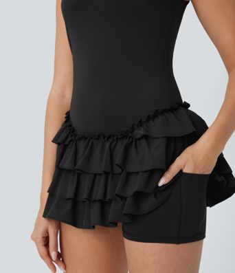 Breezeful™ Square Neck Layered Ruffle 2 Piece Pocket Micro Mini Quick Dry Dance Active Dress
