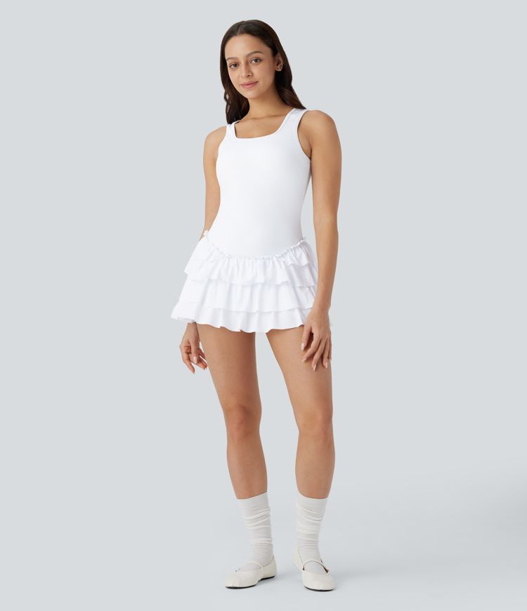 Breezeful™ Square Neck Layered Ruffle 2 Piece Pocket Micro Mini Quick Dry Dance Active Dress