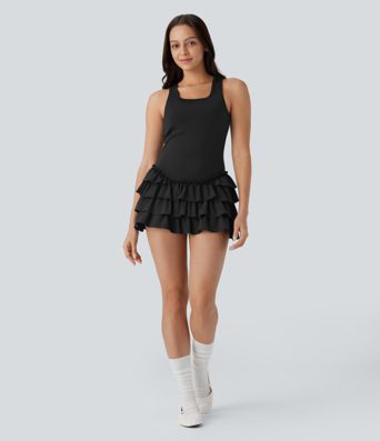 Breezeful™ Square Neck Layered Ruffle 2 Piece Pocket Micro Mini Quick Dry Dance Active Dress