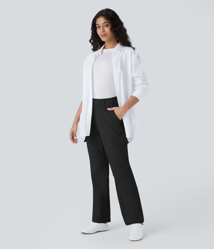 Pantalon Tailleur Cargo Taille Moyenne avec Ceinture Élastique et Multiples Poches