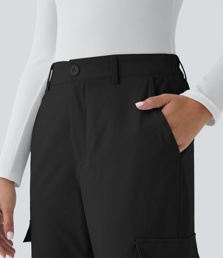 Pantalon Tailleur Cargo Taille Moyenne avec Ceinture Élastique et Multiples Poches