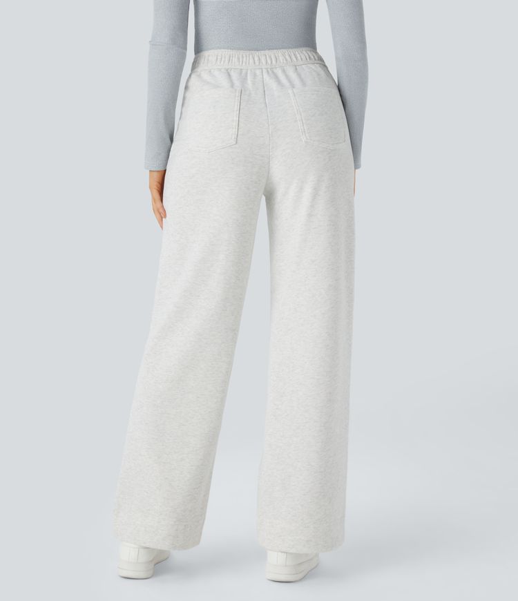 High-waist button multi-pocket straight fleece casual cotton pants