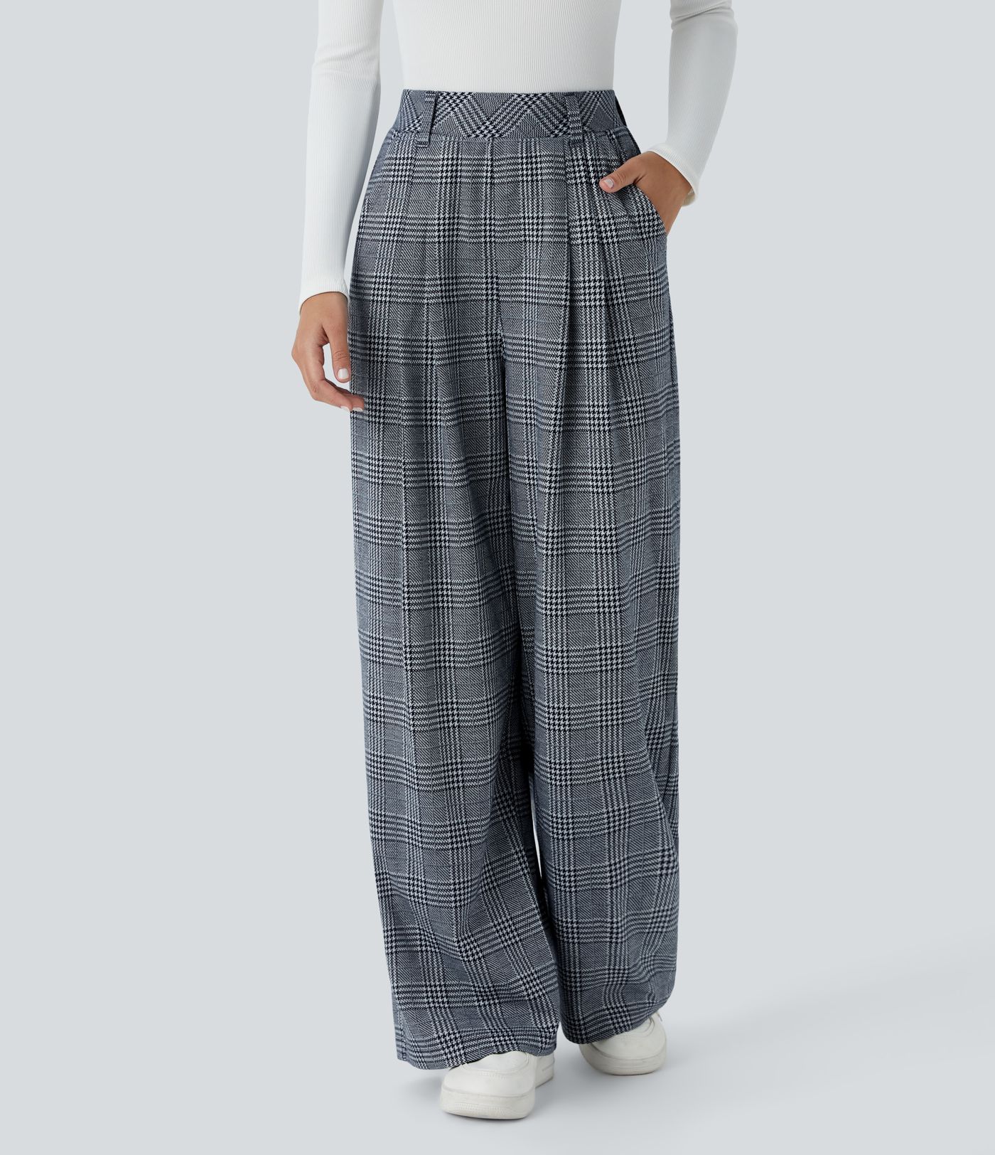 High Waisted Pocket Wide Leg Houndstooth Plaid Casual Trousers