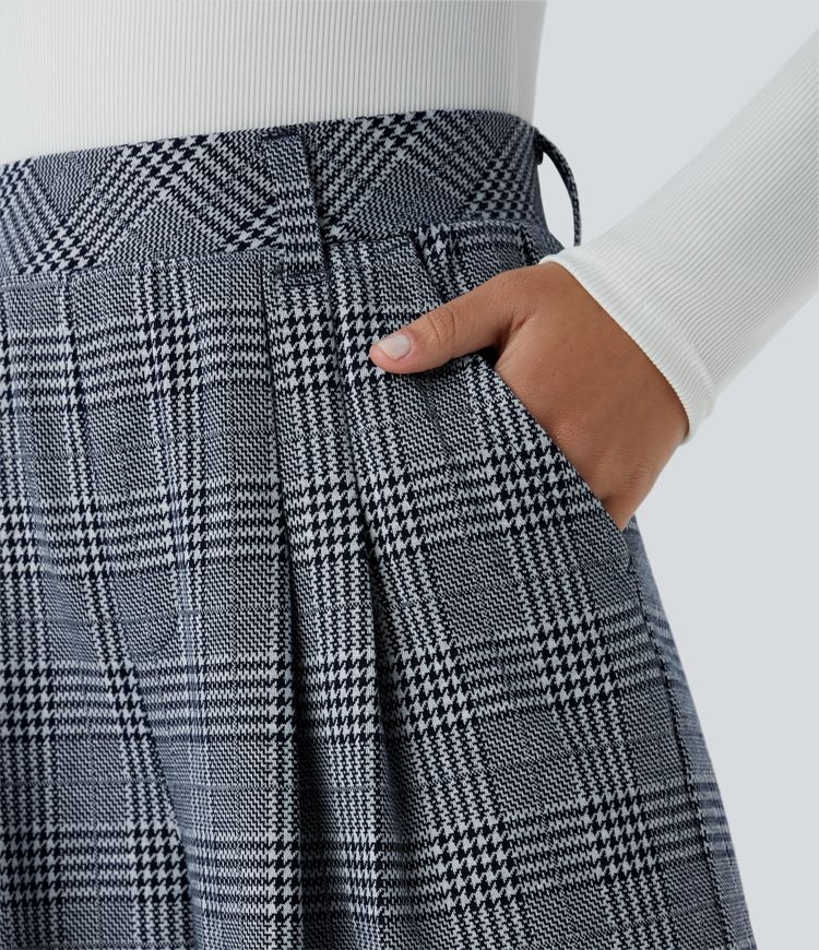 High Waisted Pocket Wide Leg Houndstooth Plaid Casual Trousers
