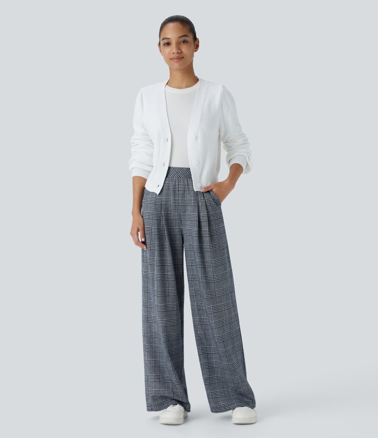 High Waisted Pocket Wide Leg Houndstooth Plaid Casual Trousers