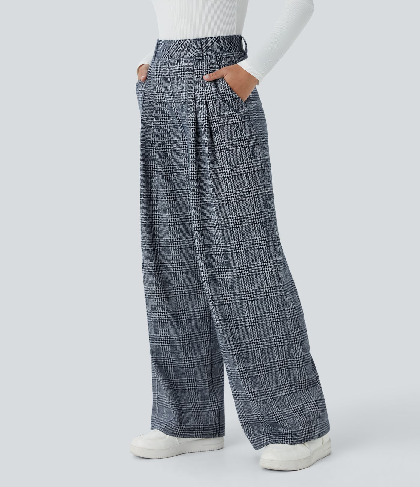 High Waisted Pocket Wide Leg Houndstooth Plaid Casual Trousers