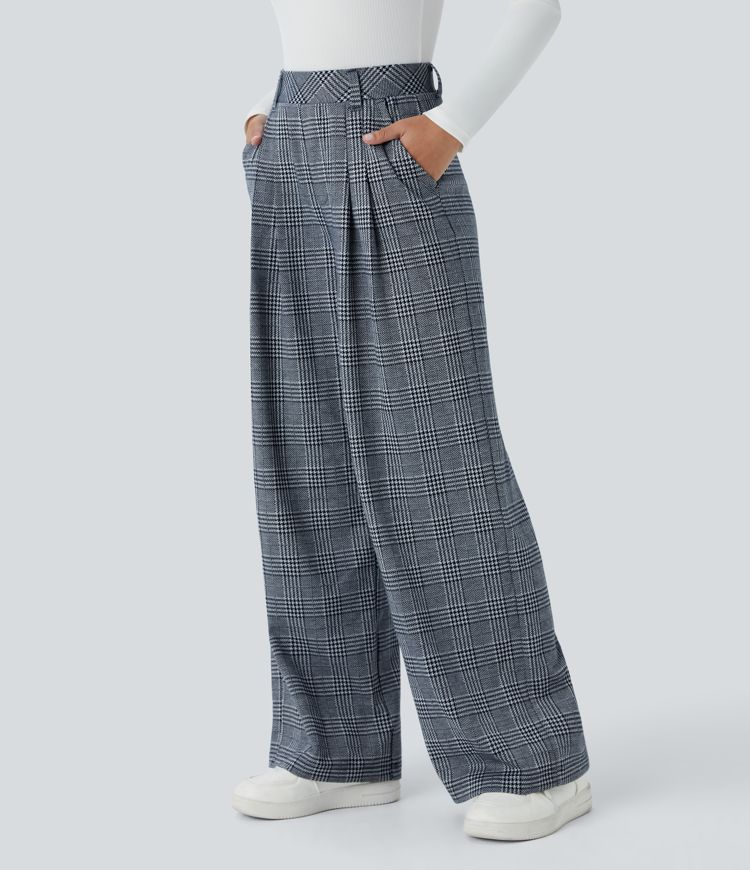 High Waisted Pocket Wide Leg Houndstooth Plaid Casual Trousers