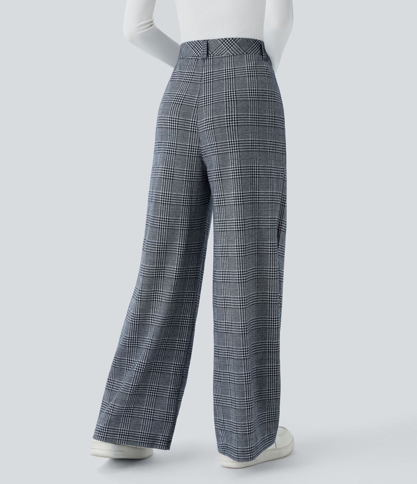 High Waisted Pocket Wide Leg Houndstooth Plaid Casual Trousers