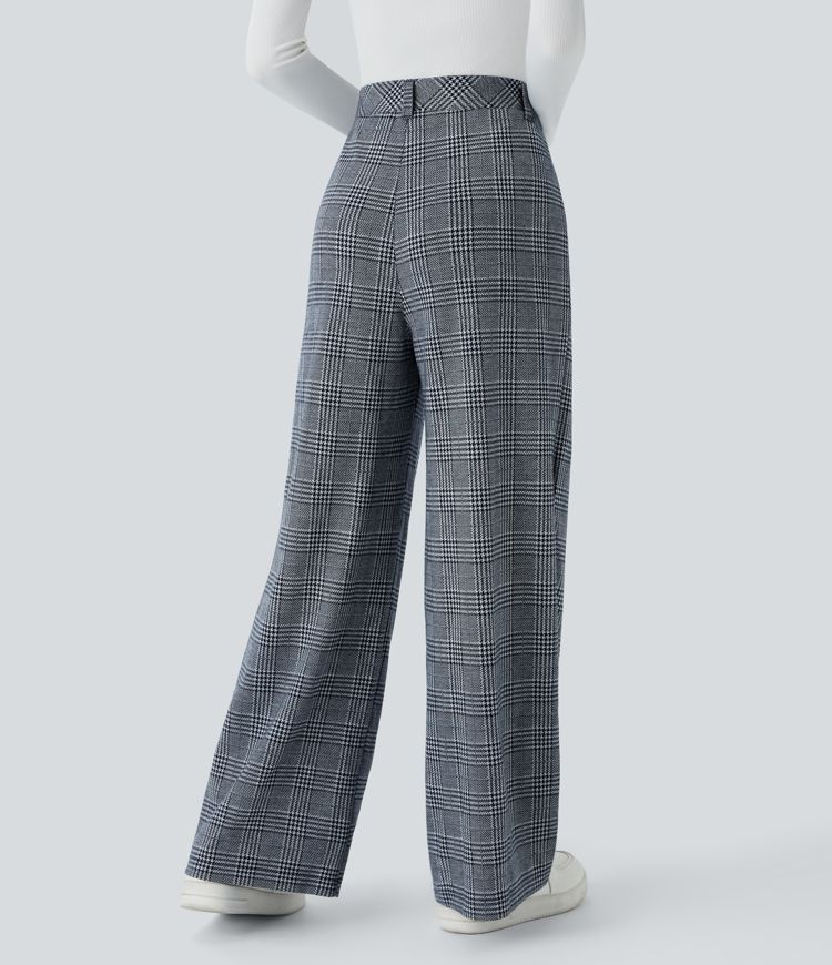 High Waisted Pocket Wide Leg Houndstooth Plaid Casual Trousers