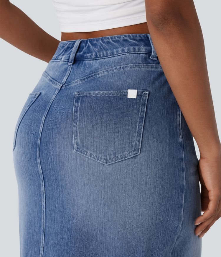 Halara Flex™ Jupe en Jean midi droite délavé taille haute avec poches multiples et fente
