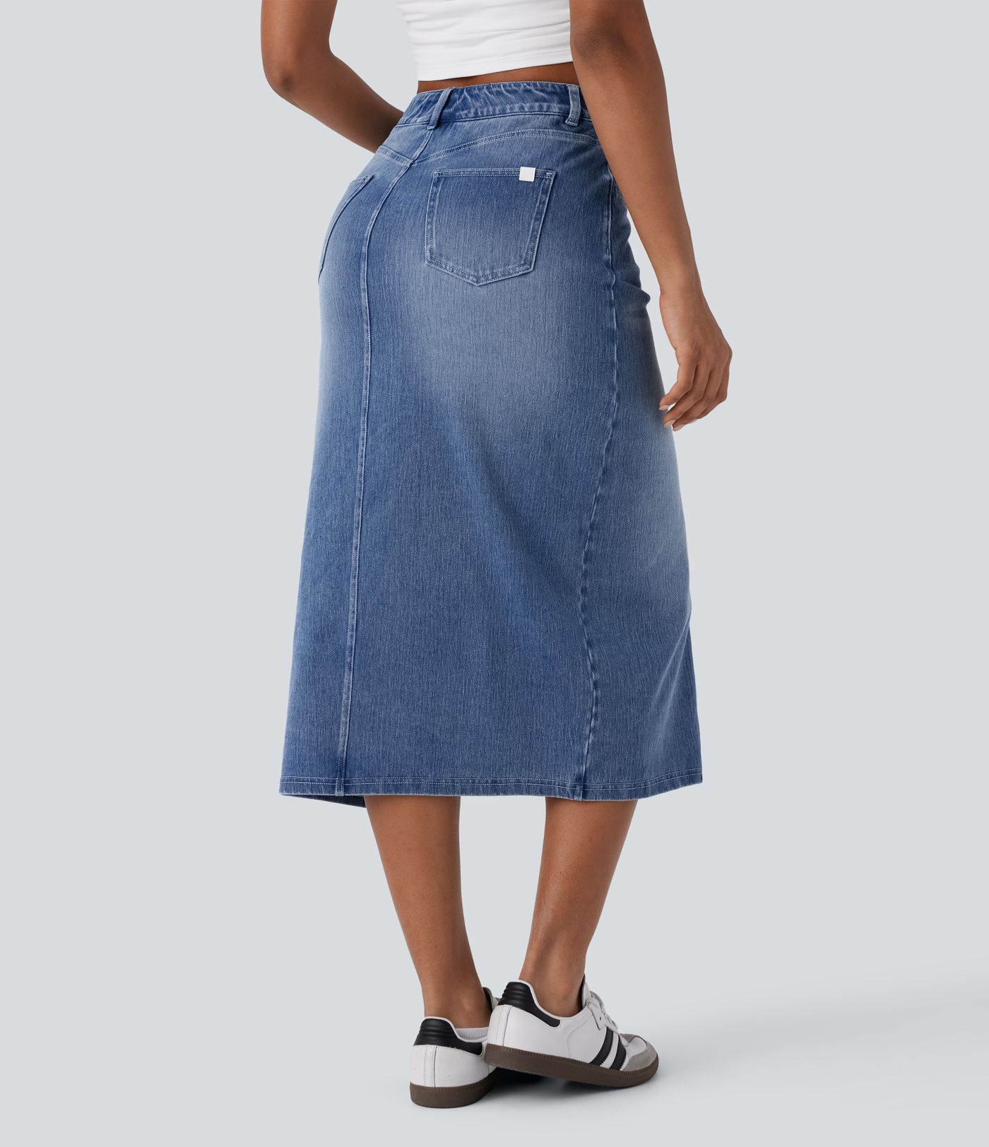 Falda Midi Halara Flex™ Denim elástico lavado tiro alto abertura múltiple bolsillo