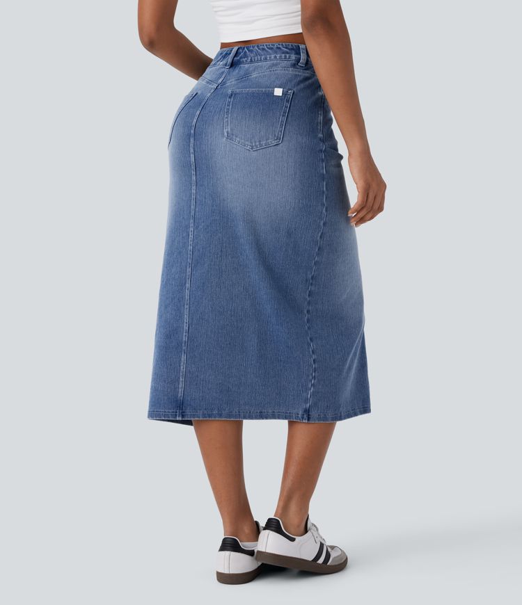 Falda Midi Halara Flex™ Denim elástico lavado tiro alto abertura múltiple bolsillo