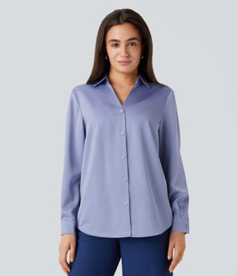 Collared Button Long Sleeve Curved Hem Satin Work Shirt