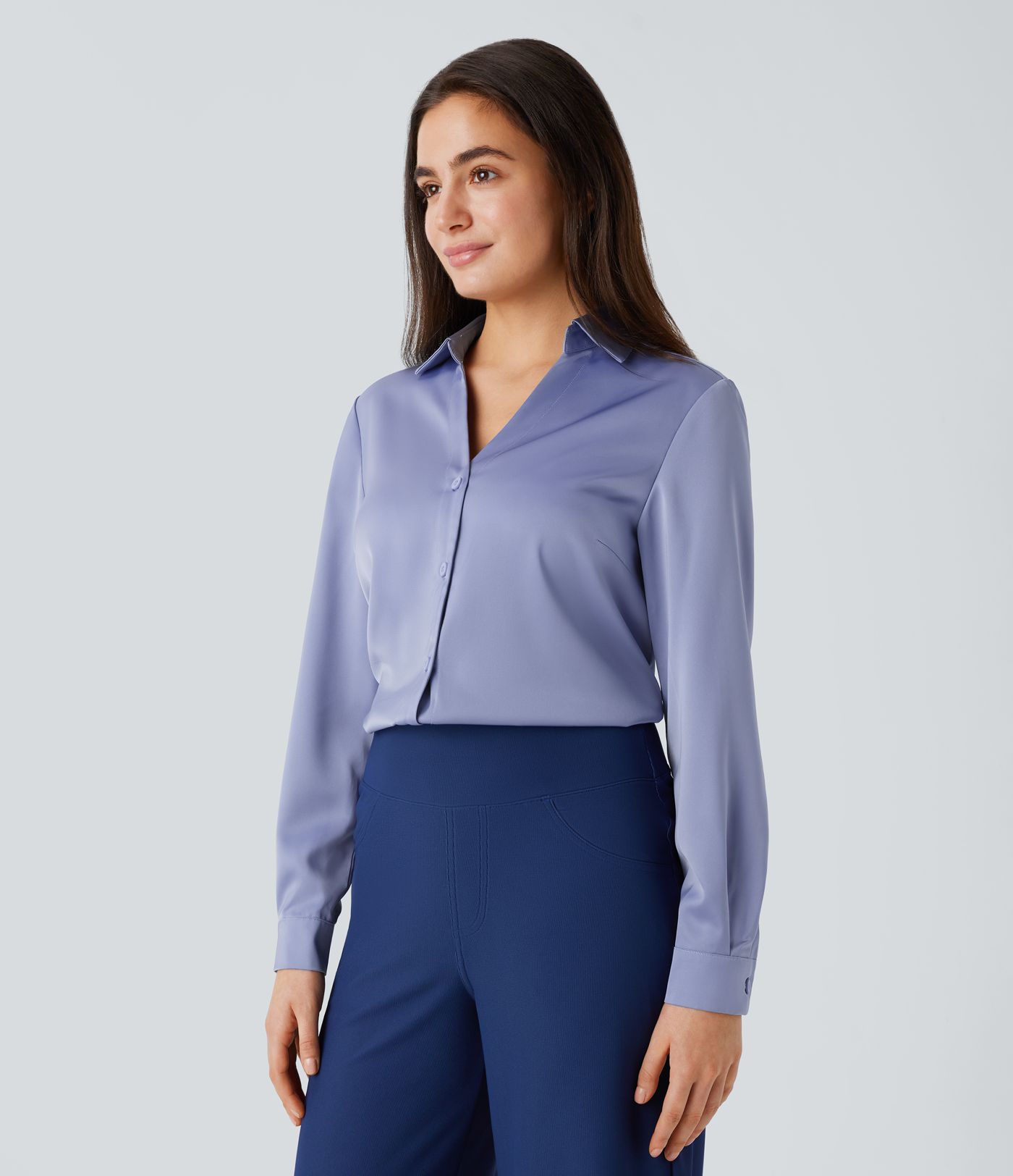 Collared Button Long Sleeve Curved Hem Satin Work Shirt