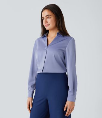 Collared Button Long Sleeve Curved Hem Satin Work Shirt