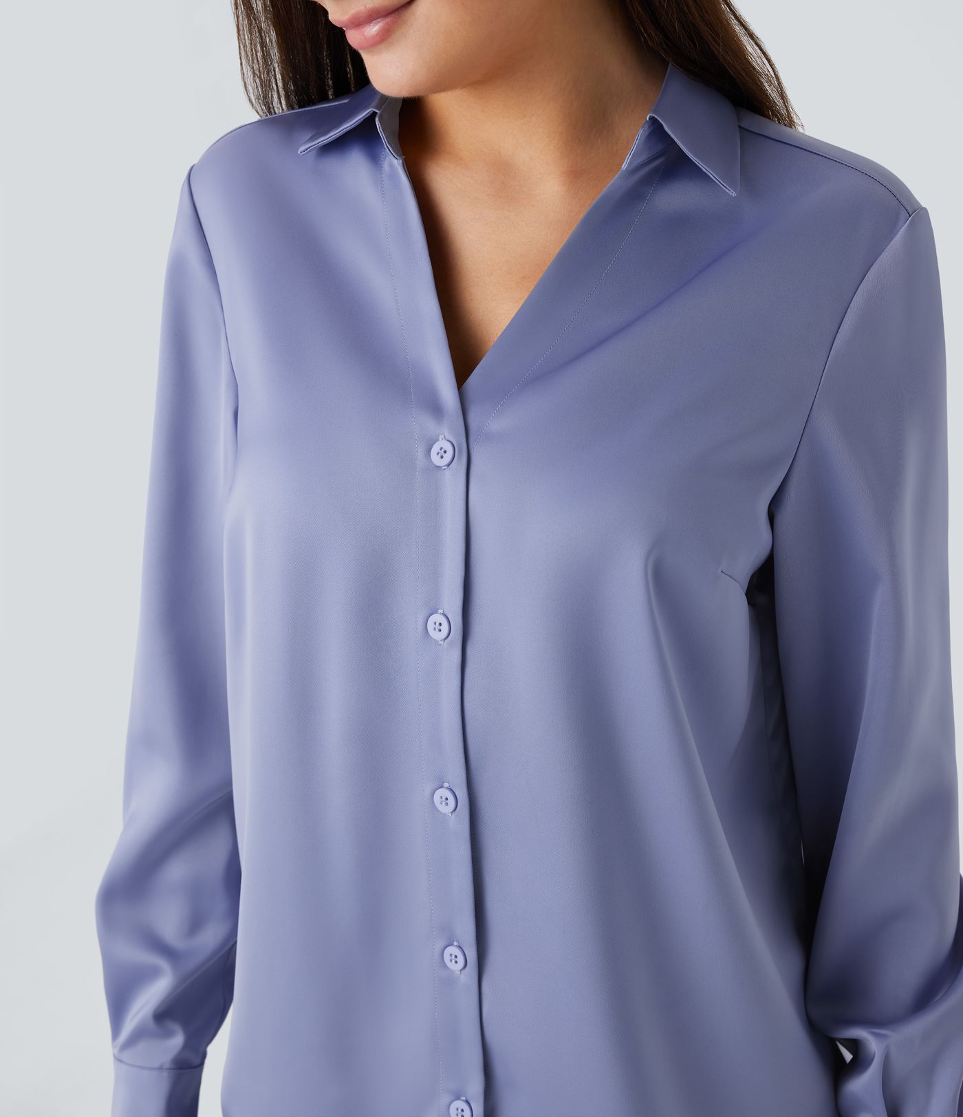 Collared Button Long Sleeve Curved Hem Satin Work Shirt